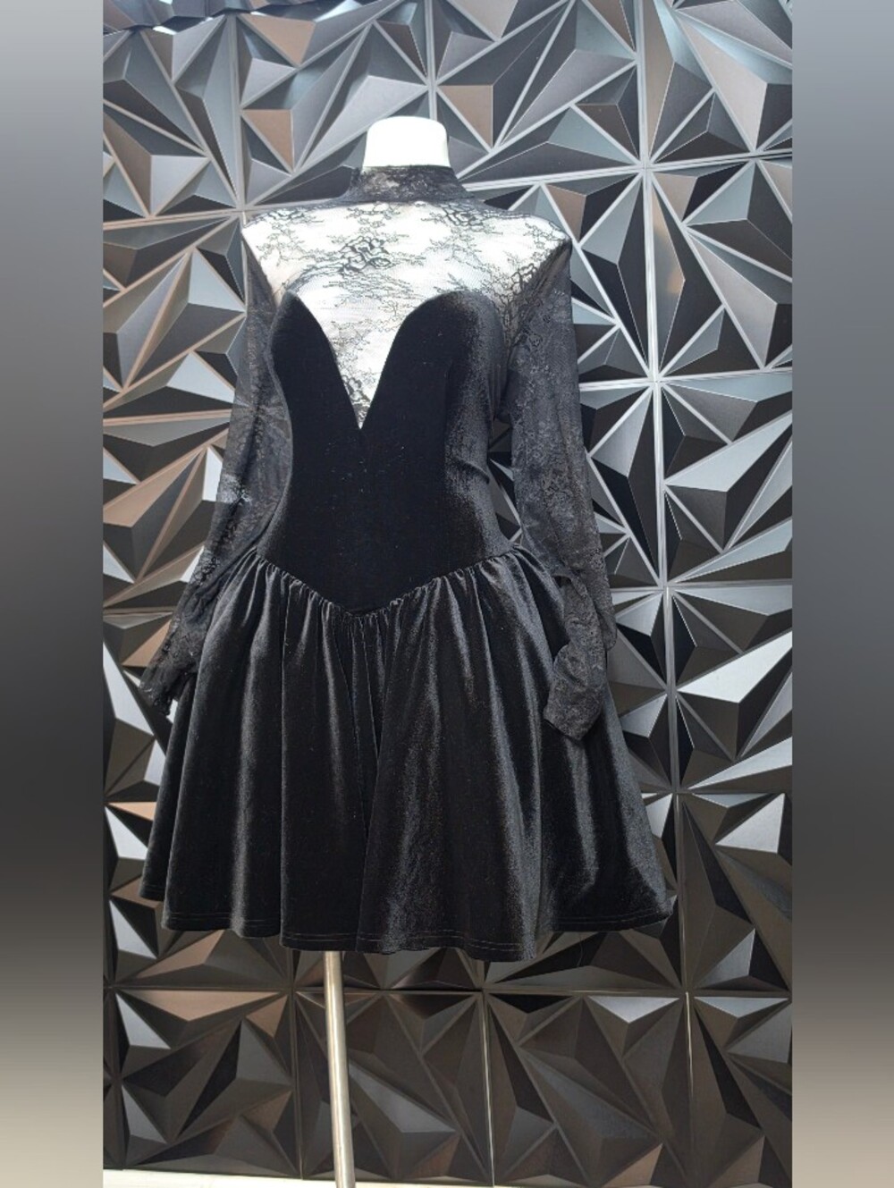 AKIRA Black Lace Velvet Long-Sleeve Fit & Flare Dress